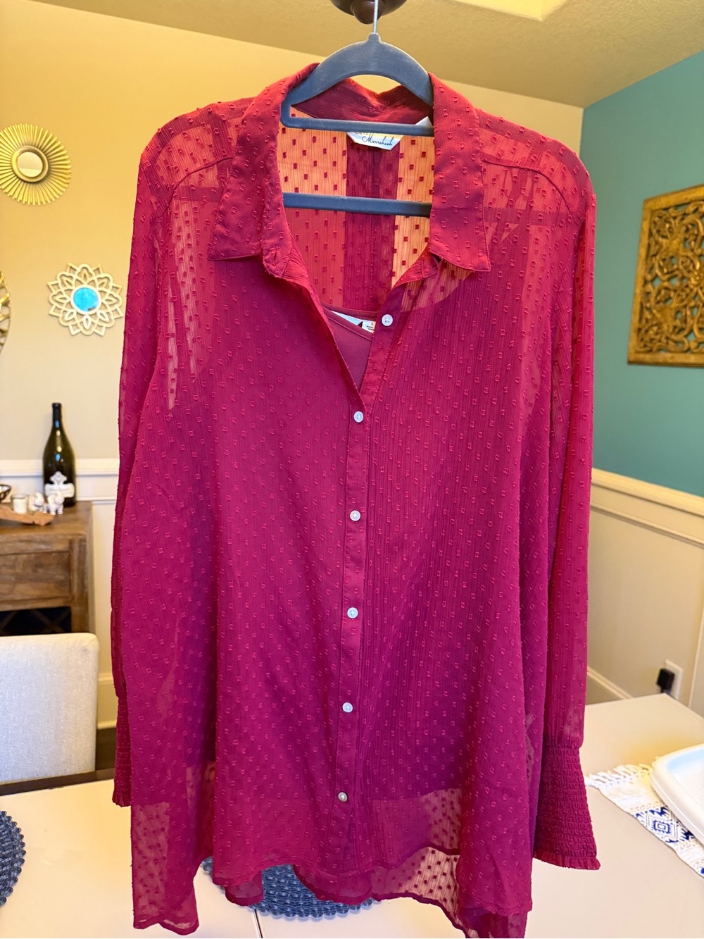 Sheer Textured Button-Up Blouse with camisole - Deep Berry